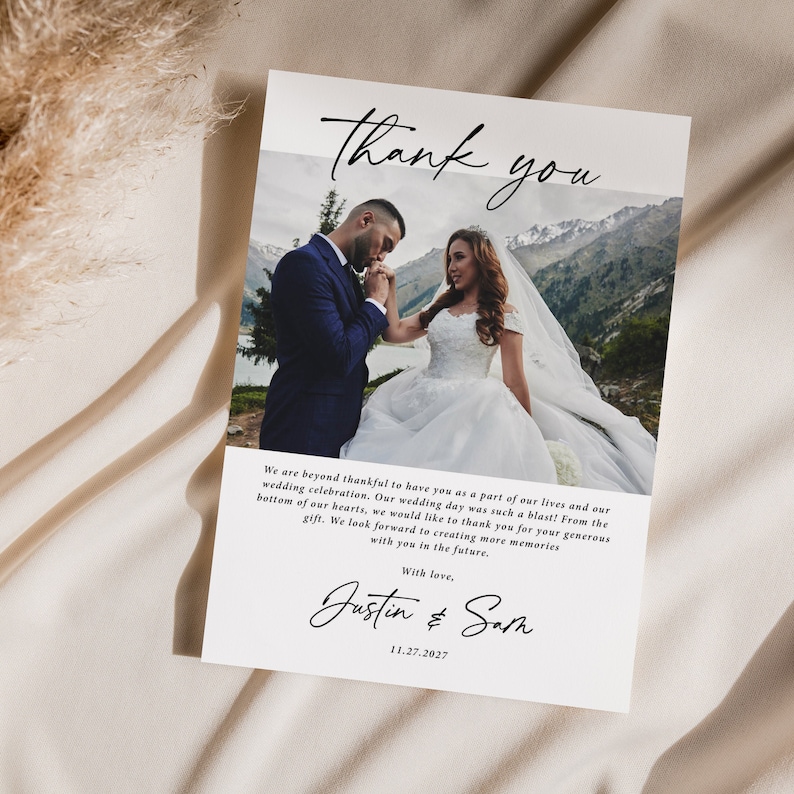 Wedding Thank You Cards with Photo Printed, envelopes, wedding picture, personalized, custom photo card, wedding photo, T102 image 1