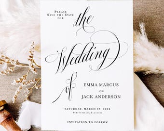 Classic Save the Date Card Printed with Envelopes: Elegant Black and White Wedding, S160