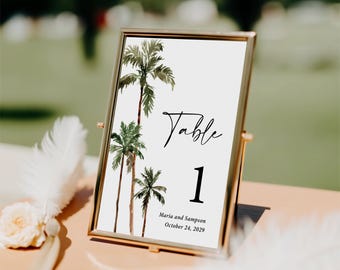 Palm Tree Table Numbers Printed, Tropical Destination Wedding, 4x6 and 5x7 Table Cards, TN103