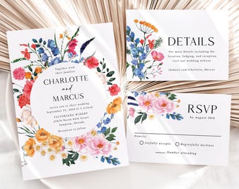 Wildflower Wedding Invitation Suite Printed: includes envelopes, RSVP and details card, W165