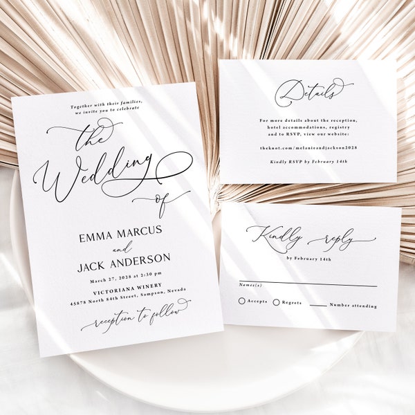 Simple Wedding Invitation Printed, RSVP card, wedding details card, script font, cursive font, romantic wedding, black and white, W206