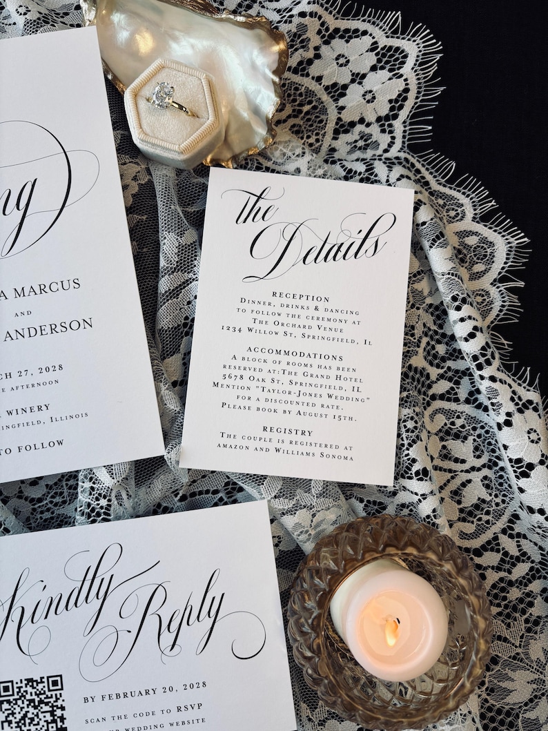 Classic Wedding Invitation Suite qr code printed: envelopes, rsvp card, details card, calligraphy, W251 image 7