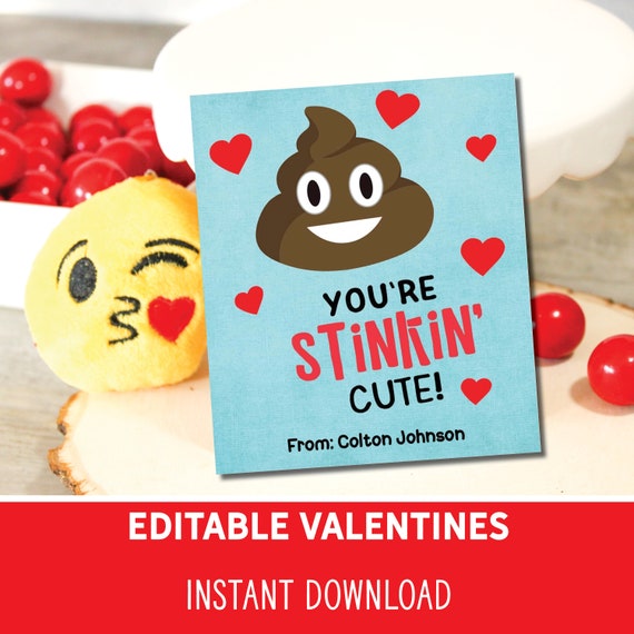 Poop Emoji Valentines Day Cards for Kids school exchange, editable and printable Il_570xn