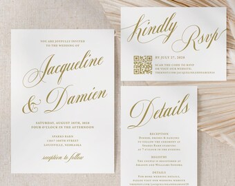 Gold Wedding Invitation Suite Printed: qr code RSVP and Details Card, classic calligraphy, W107