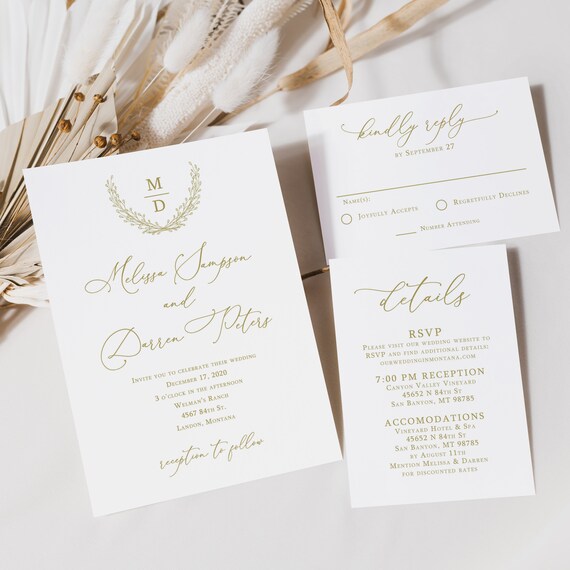 Gold Monogram Wedding Invitation Suite, gold invitation, gold and white wedding, gold monogram, gold invitation set, printed, W121 Il_570xn