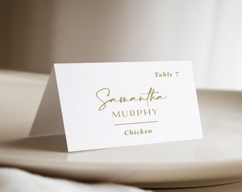 Gold Wedding Place Cards with Meal Choice printed: personalized names, reception, simple, party, PC120