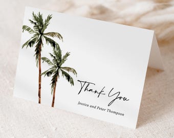 Palm Tree Wedding Thank You Card Printed, Folded with Envelopes, tropical destination, T123