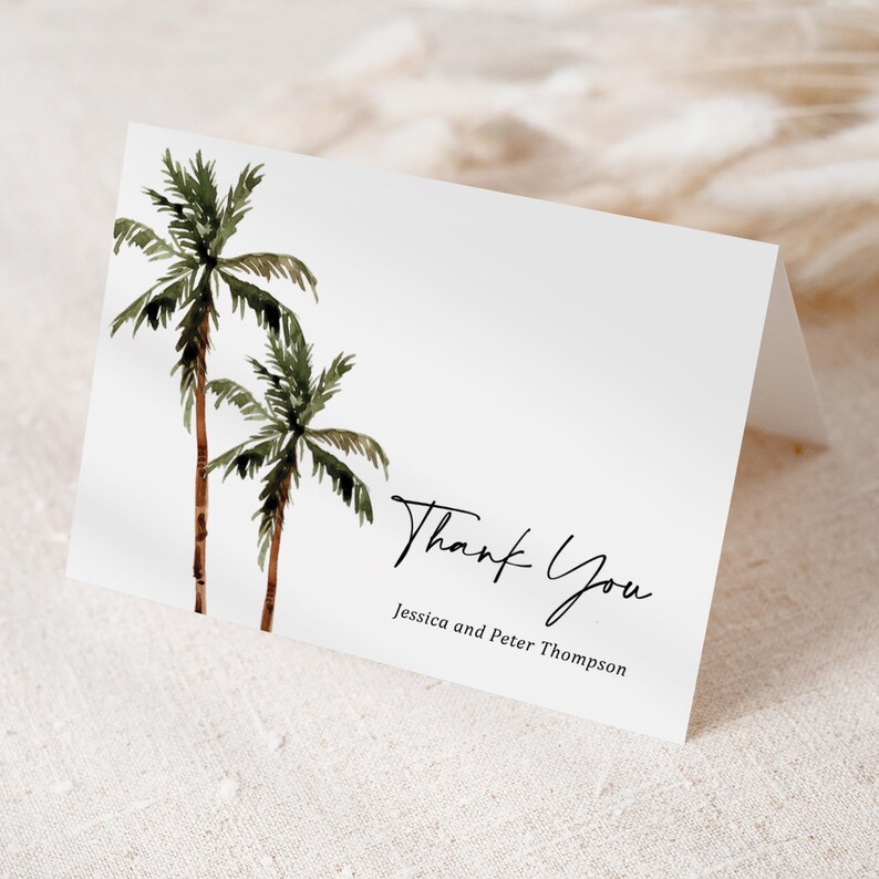 Palm Tree Wedding Thank You Card Printed, Folded with Envelopes, tropical destination