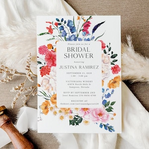 Wildflower Bridal Shower Invitations Printed, With Envelopes, spring bridal shower, summer bridal shower, bright floral bridal shower, B115