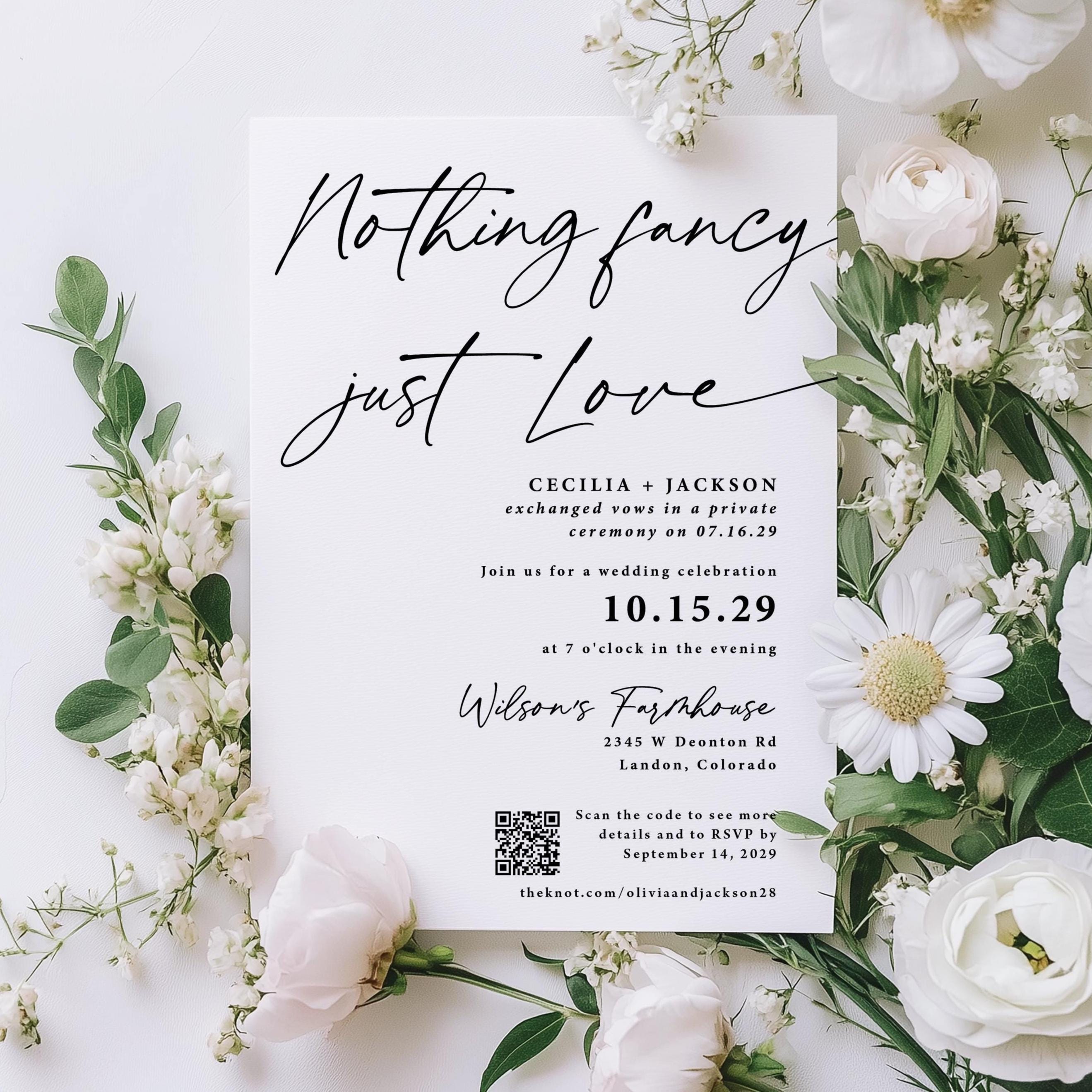 Nothing Fancy Just Love Invitation with QR code printed, wedding reception invite, printed invitations, simple invite, elopement party, W219