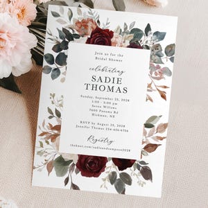 Burgundy Bridal Shower Invitation Printed: watercolor fall florals, personalized, includes envelopes, B104