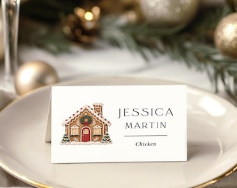 Christmas Party Place Cards with Meal Choice printed personalized names: Gingerbread Holiday corporate, PC128