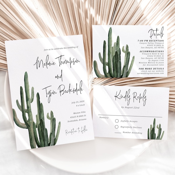 Cactus Wedding Invitation Set printed, Desert Wedding, Modern Wedding Invite, desert wedding, southwest wedding, Arizona wedding, W140