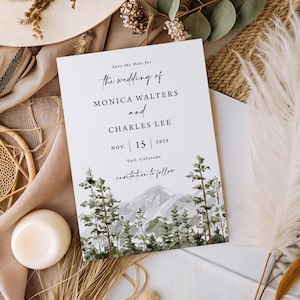 Mountain Wedding Save the Date Card printed: includes envelopes, Colorado rustic forest, S142