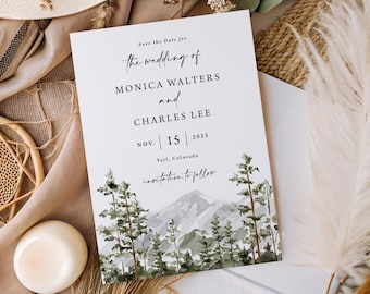 Mountain Wedding Save the Date Card printed: includes envelopes, Colorado rustic forest, S142