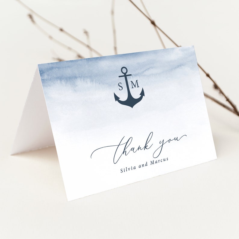 Nautical Wedding Thank You Card printed, with Envelopes, Folded Thank You Card, printed, T109 image 1