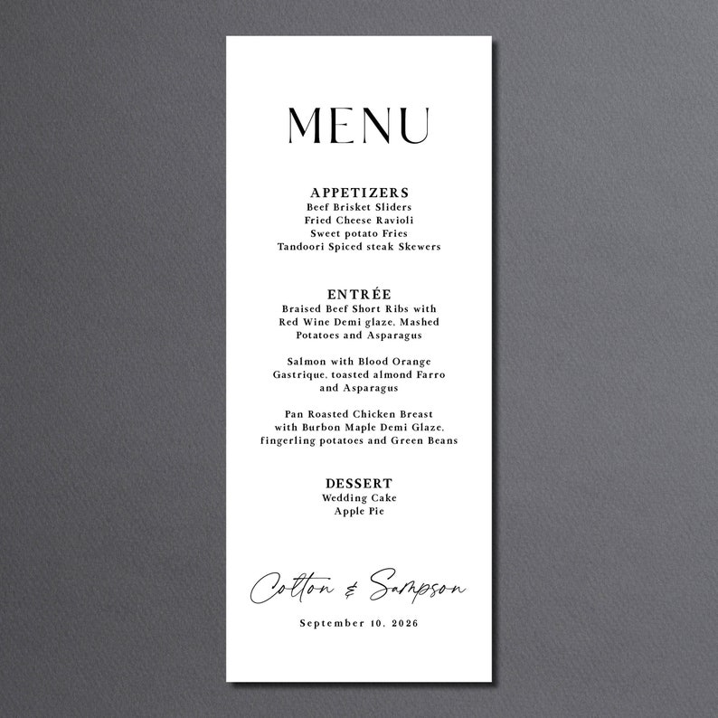 Printed Wedding Menu printed, dinner menu cards, reception menu, wedding reception, black and white wedding menu, M101 image 5