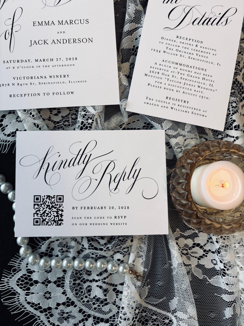 Classic Wedding Invitation Suite qr code printed: envelopes, rsvp card, details card, calligraphy, W251 image 6