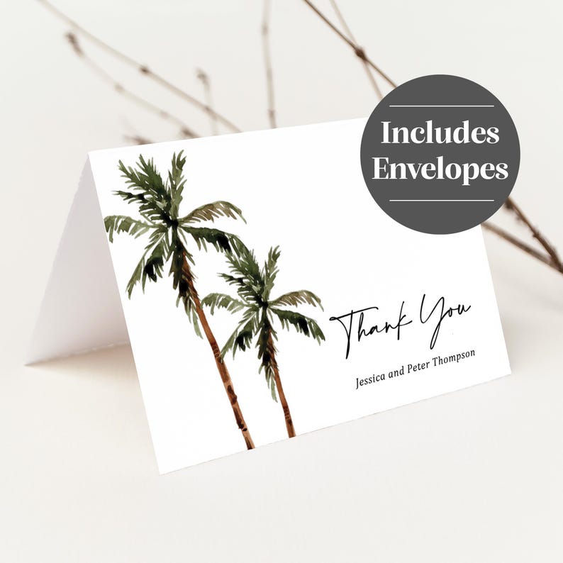 Palm Tree Wedding Thank You Card Printed, Folded with Envelopes, tropical destination, T123 image 3