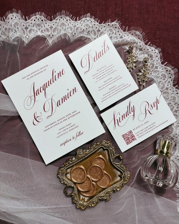 Burgundy Wedding Invitation Suite Printed: qr code RSVP and Details Card, Summer, Fall, W303