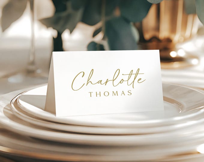 Gold Simple Place Cards printed with personalized names: rehearsal dinner wedding or shower PC199