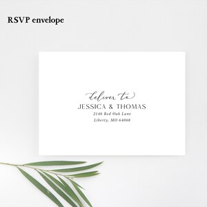 May include: White RSVP envelope with black text that reads "deliver to JESSICA & THOMAS 2146 Red Oak Lane Liberty, MO 64068"