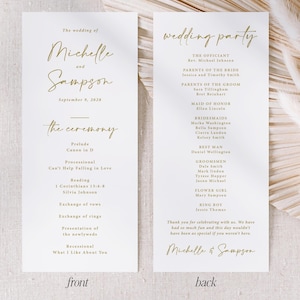 Gold Wedding Program Card Printed: church ceremony, simple double sided, 4x9 inches, P105