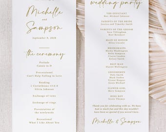 Gold Wedding Program Card Printed: church ceremony, simple double sided, 4x9 inches, P105