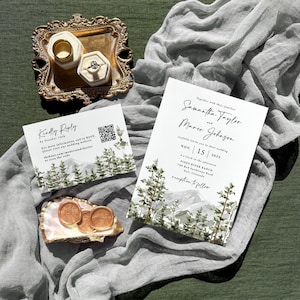 Mountain Wedding Invitation QR Suite Printed: Colorado Rustic Forest Watercolor Pine Trees, W196