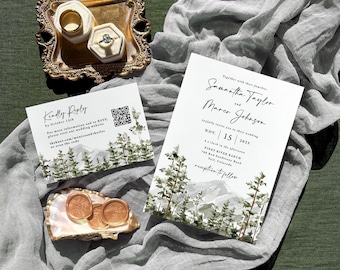 Mountain Wedding Invitation QR Suite Printed: Colorado Rustic Forest Watercolor Pine Trees, W196