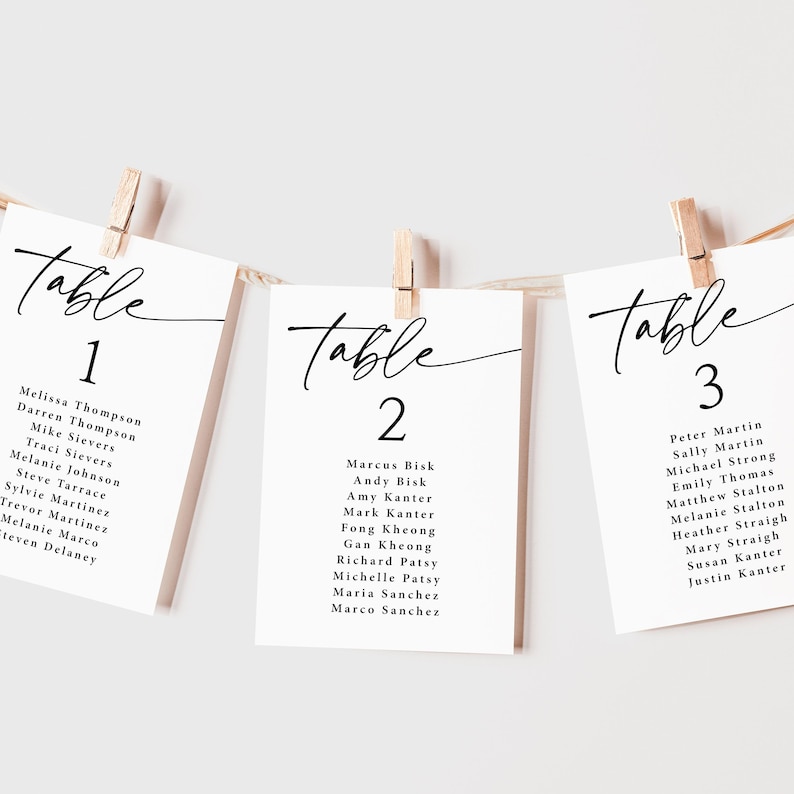 Simple Wedding Seating Chart Cards Printed, Modern Reception Table Assignments, Minimalist Wedding Decor