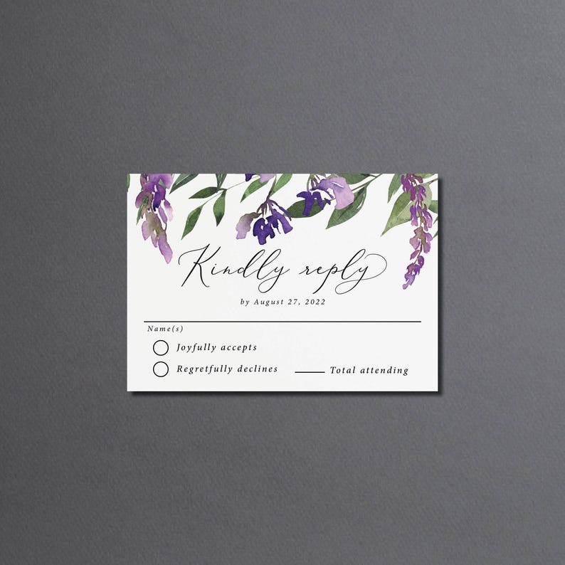 Purple and Gold Wedding Invitation Suite printed: mail in RSVP details card, floral, W127 image 7