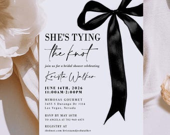 Shes Tying the Knot Bridal Shower Invitation Printed: black bow, coquette ribbon, B136