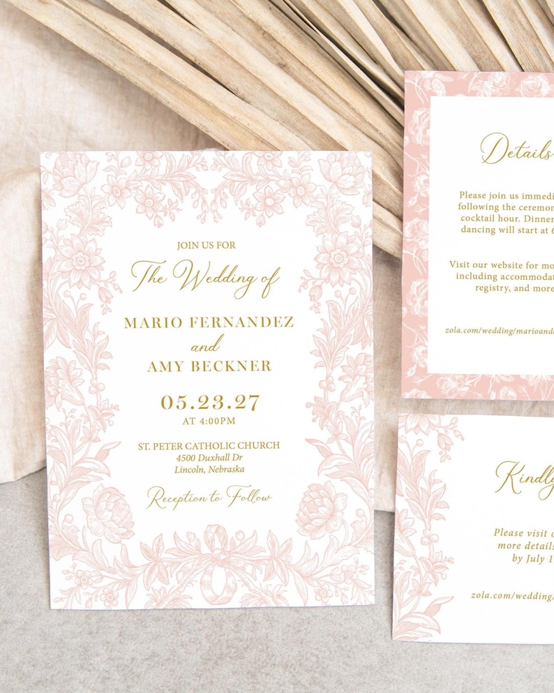 Blush Pink and Gold Wedding Invitation Suite Printed: Floral Details ...