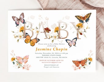 Butterfly Baby Shower Invitation Printed, with envelopes, Baby girl shower, girl baby shower invite, printed invites