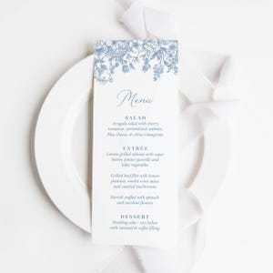 Dusty Blue Wedding Menu printed, dinner menu cards, wedding reception, blue and white wedding menu, French blue toile, blue floral, M133