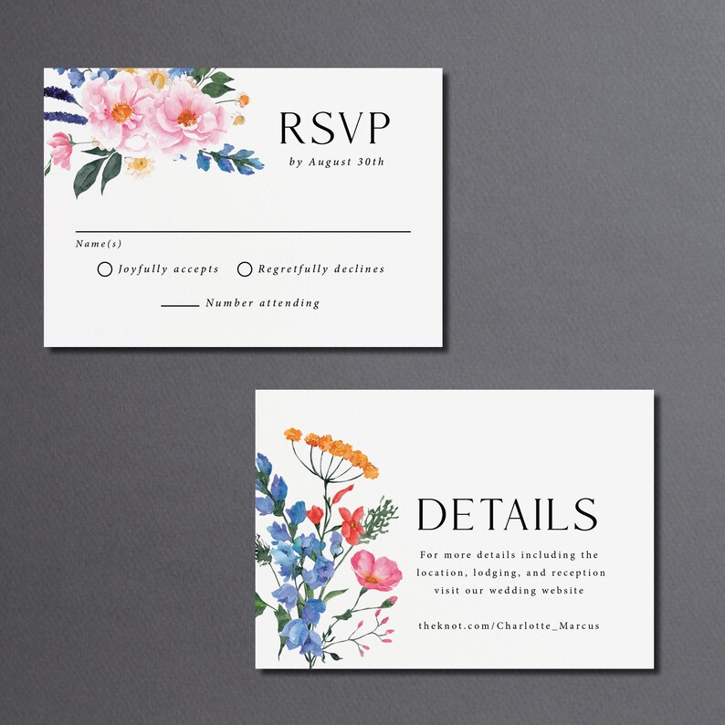 Wildflower Wedding Invitation Printed with Envelopes, Bright Floral Spring and Summer Wedding Suite, W169 image 7