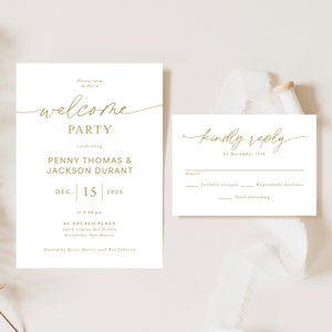 Gold Welcome Party Invitation printed, with envelopes, with RSVP card, after rehearsal dinner, R120