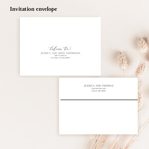 May include: A white envelope with a handwritten address for Jessica and John Thompson, 34657 N 84th St, Las Vegas, Nevada 88901. The return address is for Jessica and Thomas, 2146 Red Oak Lane, Liberty, MO 64068.