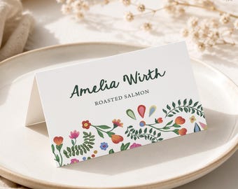 Folk Floral Place Cards with Meal Choice printed, personalized names: rehearsal wedding, colorful, PC256B