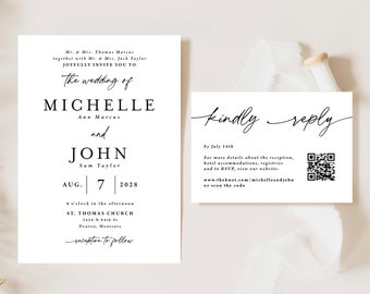 Simple Wedding Invitation with QR code Printed, black and white wedding invite suite, parents names, simple wedding invite, W124