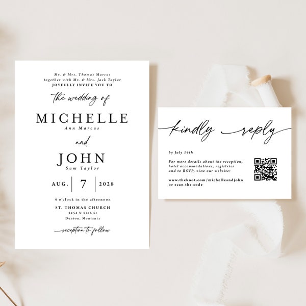 Simple Wedding Invitation with QR code Printed, black and white wedding invite suite, parents names, simple wedding invite, W124