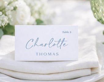 Dusty Blue Place Cards with names and table numbers printed: wedding reception, party, PC260