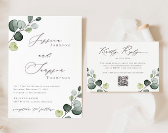 Eucalyptus Wedding Invitation with QR code Printed, Eucalyptus wedding invite suite, elegant invitation, greenery, qr rsvp card, W150