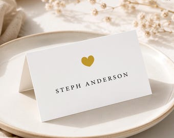 Gold Heart Place Cards printed with personalized names: rehearsal dinner wedding or shower, PC112