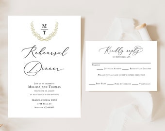 Black and Gold Rehearsal Dinner Invitation printed, with RSVP card, monogram rehearsal dinner invitation, printed RSVP cards, R110