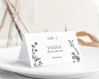 Dark Green Floral Wedding Place Cards with Meal Choice Printed: rehearsal dinner, PC213