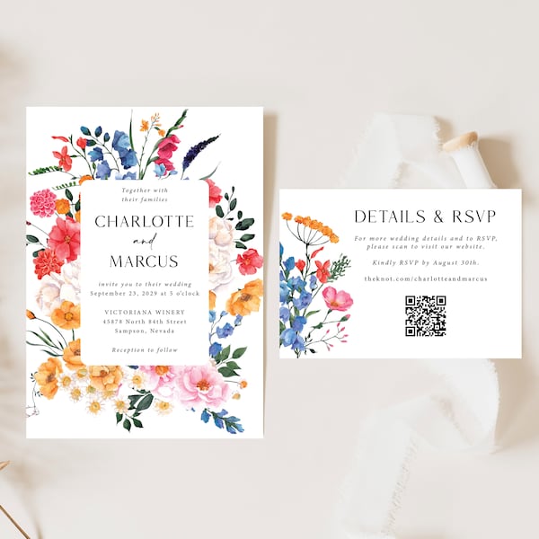 Wildflower Wedding Invitation with QR code printed, wedding RSVP with QR code, wildflowers wedding invite, bright florals, outdoor, W146