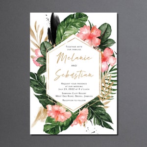 Hawaii Wedding Invitation Suite printed, Hawaiian wedding invitation, hibiscus wedding invitation, tropical floral, tropical wedding, W161 image 3