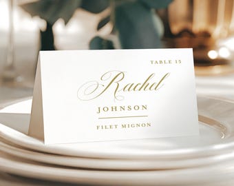 Gold Classic Wedding Place Cards with Meal Choice, Printed Personalized Calligraphy Name, PC103